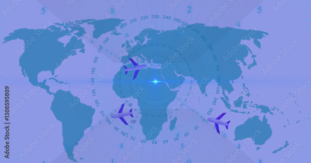 Poster image of numbers in circles and planes over world map
