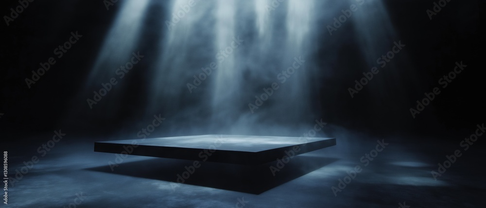 Aufkleber dark room with a spotlight shining down on a square-shaped table in the center. the table is made of