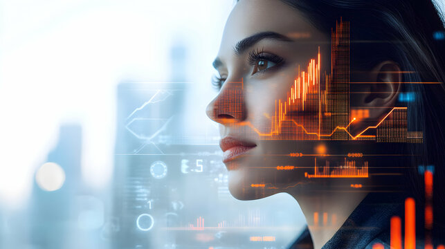 Financial foresight with digital integration featuring a woman's silhouette, innovative vision