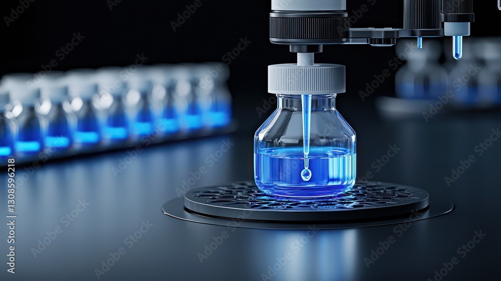 Poster precision filling: futuristic laboratory scene showcasing an automated process, where a clear vial w