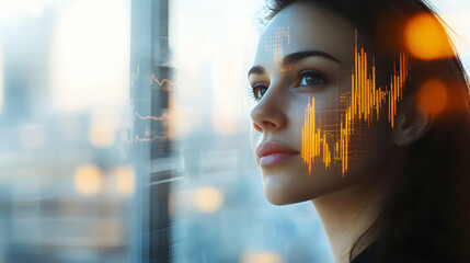 A thoughtful woman in a financial world, digital charts overlay her face and background
