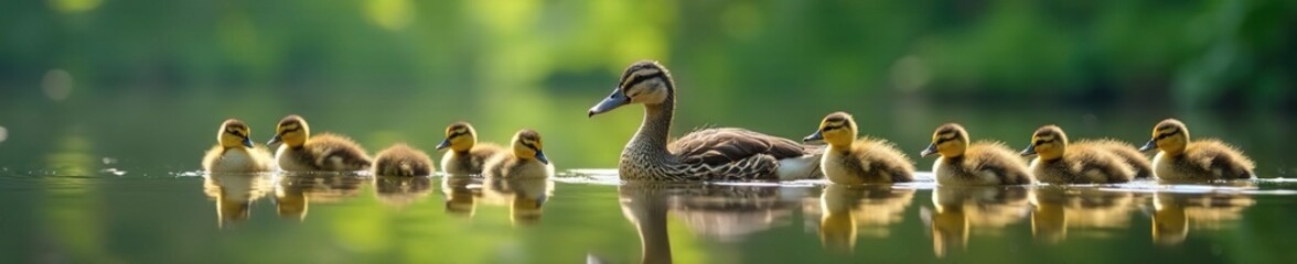 Nine tiny ducklings follow mother duck on tranquil lake , water, swimming