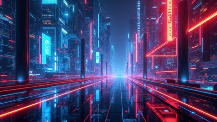 Cybernetic user interfaces, Neon-infused cybernetic interfaces and holo-screens inside a radiant futuristic cityscape rich with vibrant hues and dyn