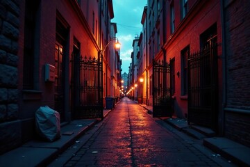 Fototapeta premium Open metal gates, city lights illuminate a littered alley at dusk , rusty, background, litter