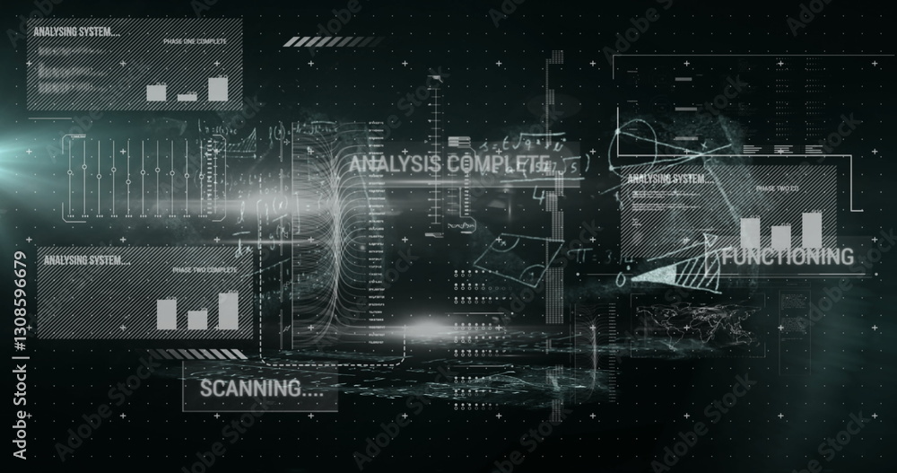 Poster image of text and digital data processing over dark background