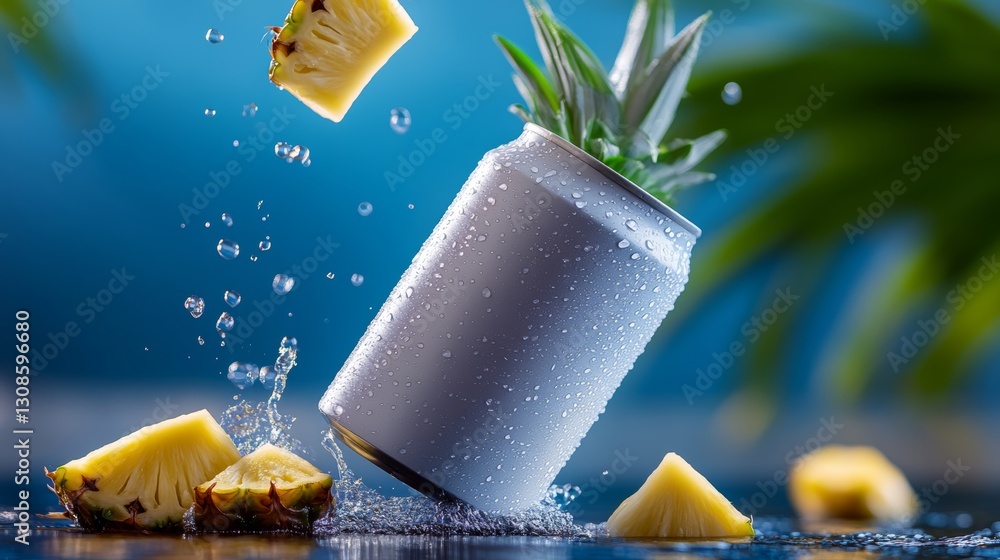 Poster can of soda with pineapple slices on top of it. the can is upside down and has pineapple juice dripp