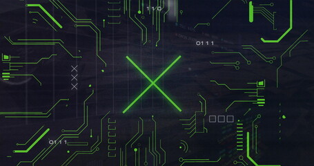Image of digital data processing over computer circuit board