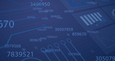 Image of statistics and digital data processing over blue background