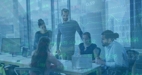 Image of financial data processing over diverse business people in office