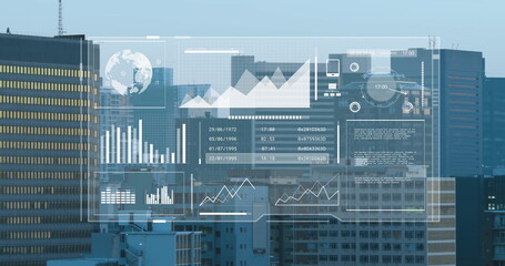 Image of financial data processing over cityscape