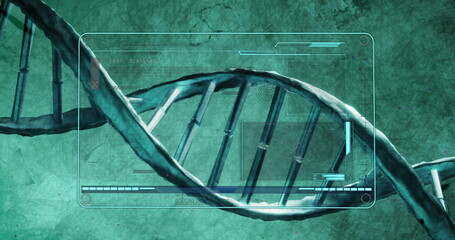 Image of dna strand and data processing over screen