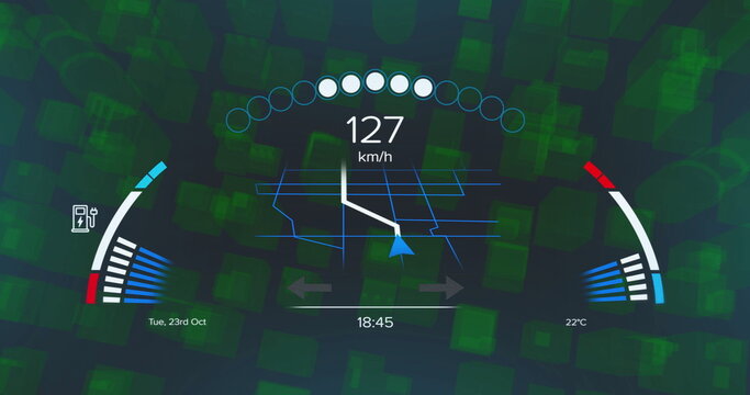 Image of data processing and speedometer and black background