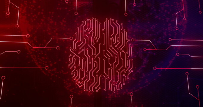 Image of digital data processing over computer circuit board brain