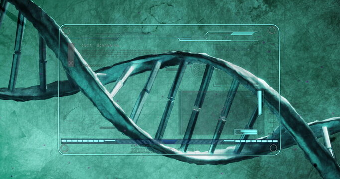 Image of dna strand and data processing over screen