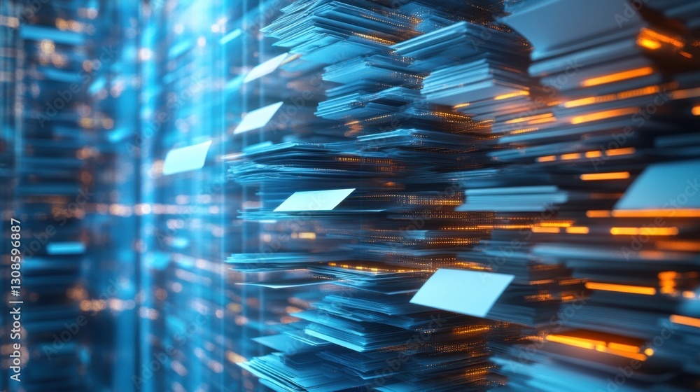 Aufkleber stacked documents and digital folders merging into a seamless management system, glowing effect