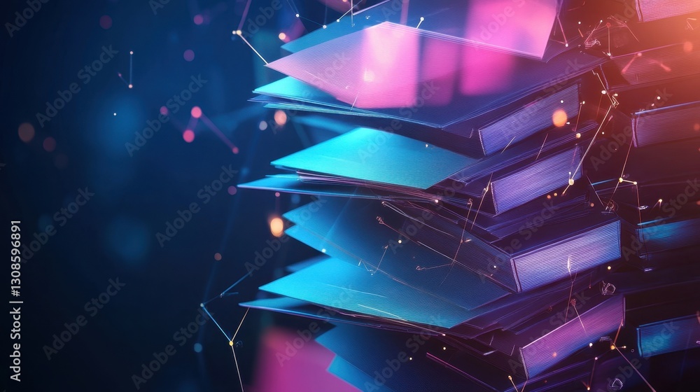Aufkleber stacked documents and digital folders merging into a seamless management system, glowing effect