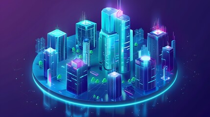 Isometric city business center, modern 3D skyscrapers, corporate office buildings, green rooftop gardens, and futuristic transportation hubs, clean vector style