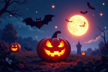 Fototapeta premium Playful bat silhouettes dance around vibrant jack-o-lantern sign, starlit night , cute, jack-o-lantern