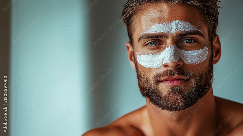 Poster man with a white face mask on. he has a beard and is smiling. concept of humor and playfulness