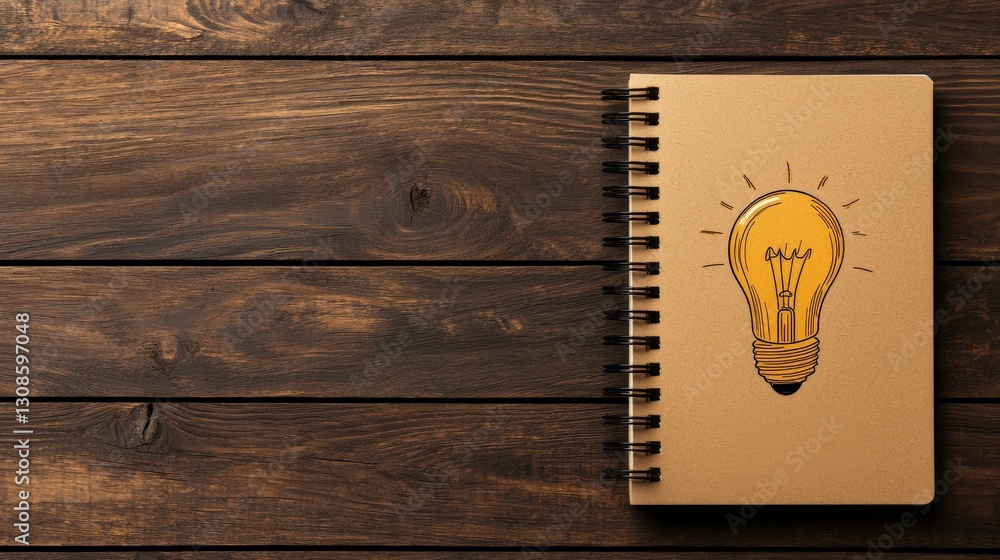 Poster notebook with light bulb design on wooden surface.