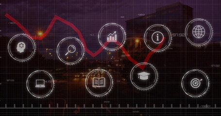 Image of diagram and business icons over night city