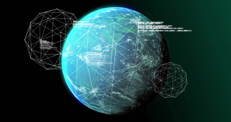 Image of globes moving and data processing over black background