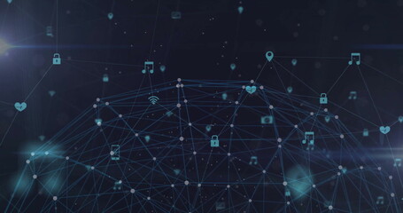 Image of network of connections with media icons and globe over black background