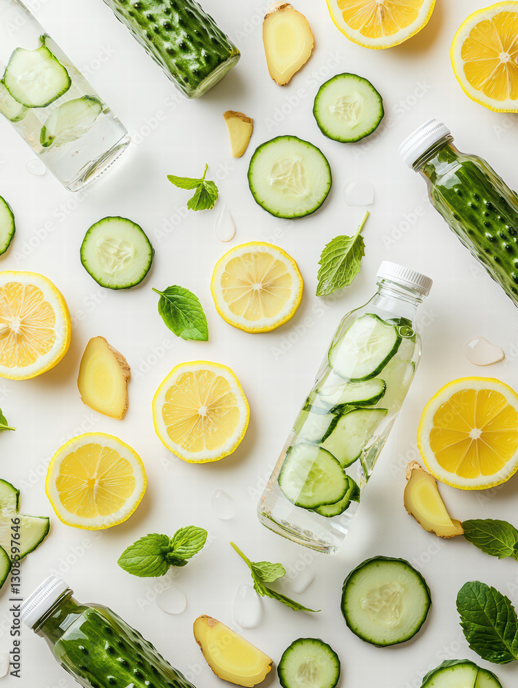 Poster revitalizing refreshment: a vibrant array of infused water bottles filled with cucumber slices, lemo