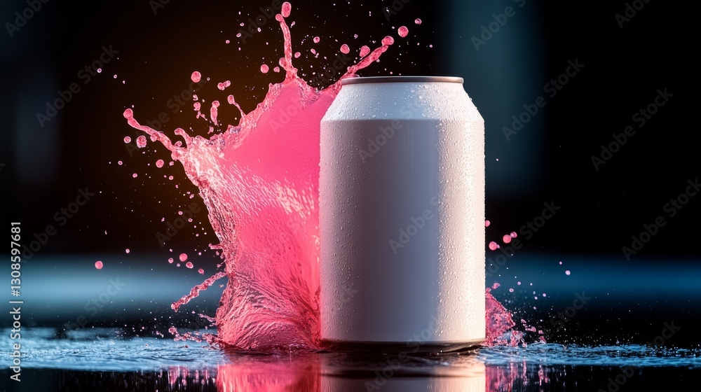 Poster can of soda is sitting on a table with a splash of pink liquid surrounding it. concept of fun and ex