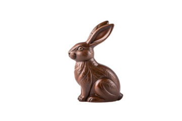 A chocolate rabbit with intricate leaf engravings, elongated ears, and a lifelike expression, exuding a blend of artisanal craftsmanship and rich cocoa tones, isolated on a transparent background