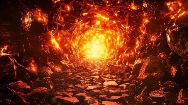 A tunnel or cave illuminated by a bright orange-red light, giving the impression of fire or lava.