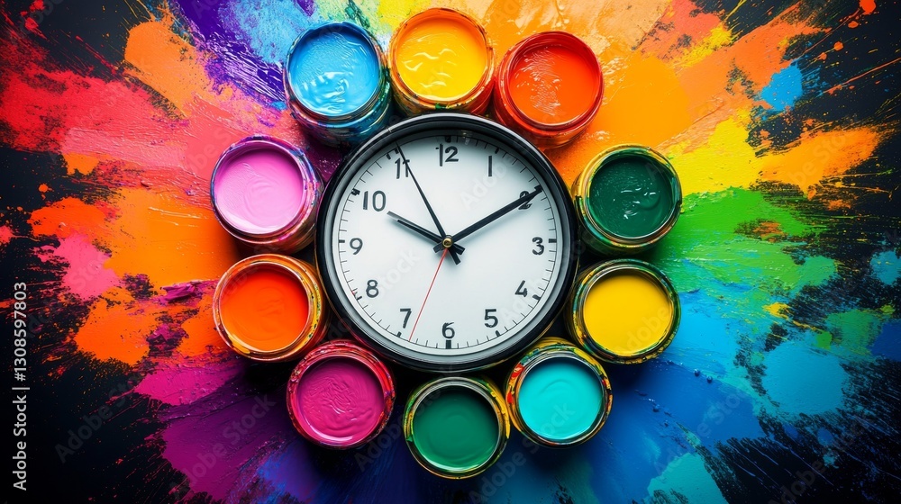 Poster a classic round clock is centered amidst open jars of vibrant paint, each a different hue, creating 