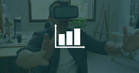 Image of white diagram over caucasian man using vr headset in office