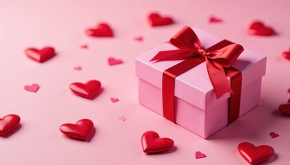 Elegant pink box, scattered red hearts, ribbon , celebration, special