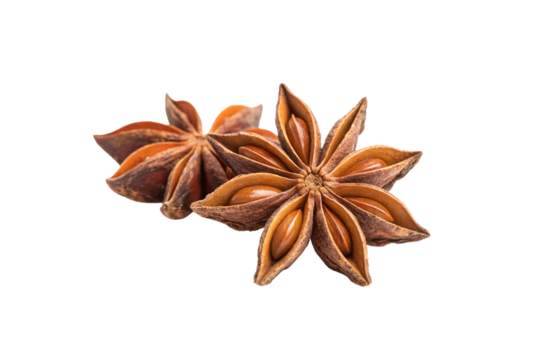 A close-up of star anise, highlighting its textured, woody surface and glossy seeds, the overlapping arrangement emphasizing depth, making it visually striking, isolated on a transparent background