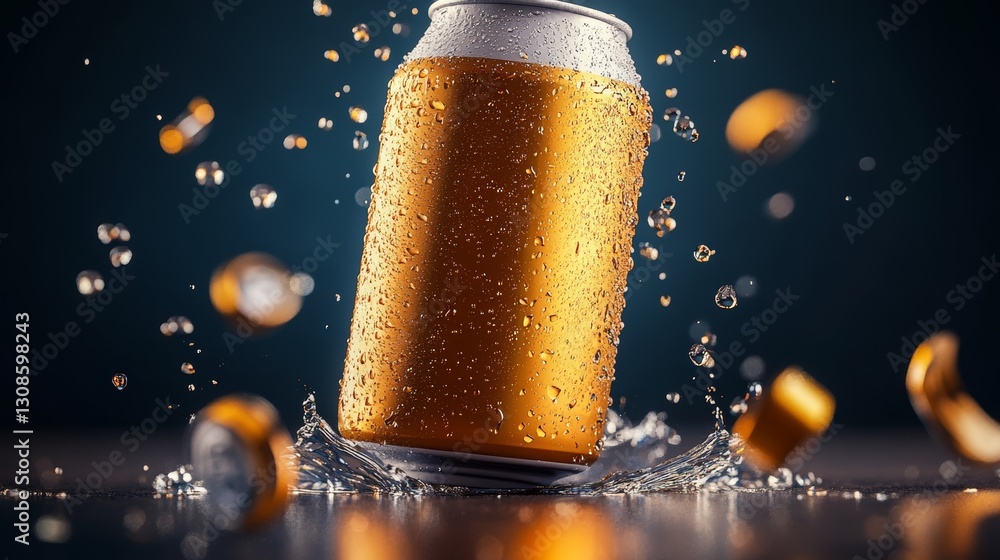 Poster can of beer is falling into a pool of water, creating a splash. concept of fun and excitement, as th