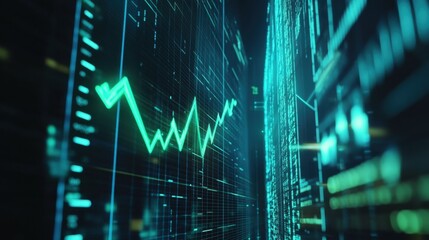 Stock market growth with a bold green arrow pointing up on a digital financial chart, blue grid overlay