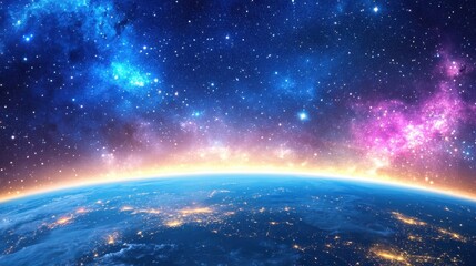 Obraz premium Stunning Earth horizon from space, glowing city lights spread across continents beneath a starry sky