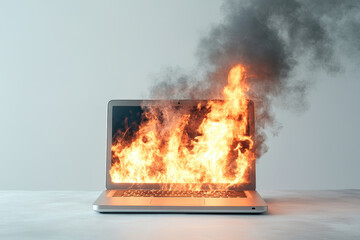 Laptop engulfed in bright flames with rising smoke showcasing malfunction or overheating