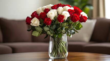Red and white roses arranged in a glass vase
