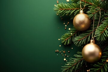 Golden & silver Christmas ornaments, serpentine, and pine boughs on green , silver, background