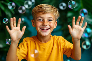 A young boy is smiling and holding soap bubbles in his hands