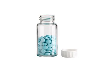 A glass bottle with blue pills, its white cap lying beside it, showcasing pharmaceutical precision, isolated on a transparent background