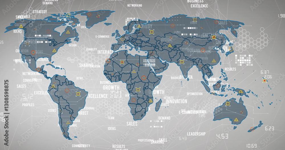 Poster image of network of connections with texts over world map and white background