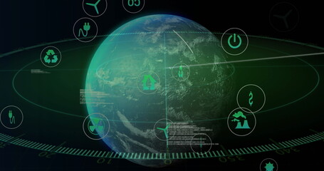 Image of data processing and ecology icons over globe