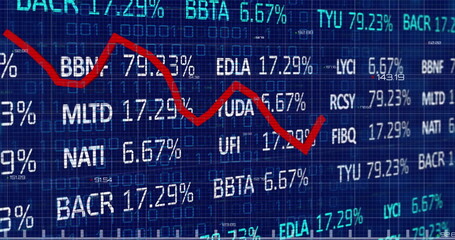 Image of financial data processing with stock market on blue background