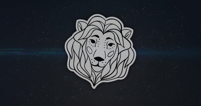 Image of lion head illustration over blue light and starry night sky