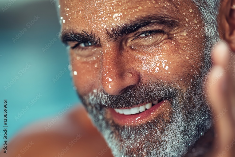 Aufkleber man with a beard and gray hair is smiling and wiping his face with his hand. he is in a relaxed and 