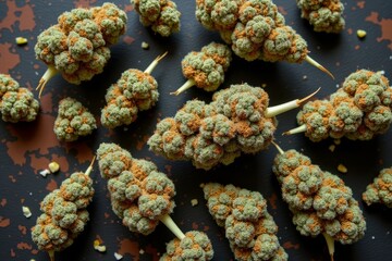 Fototapeta premium Green and Brown Cannabis Buds Displayed on a Dark Surface