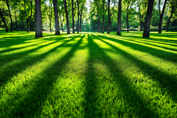 Obraz premium A green grassy field with trees in the background